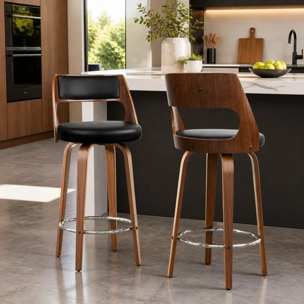 Bar Stools PU Leather 76cm Seat Height Black Padded Backrest