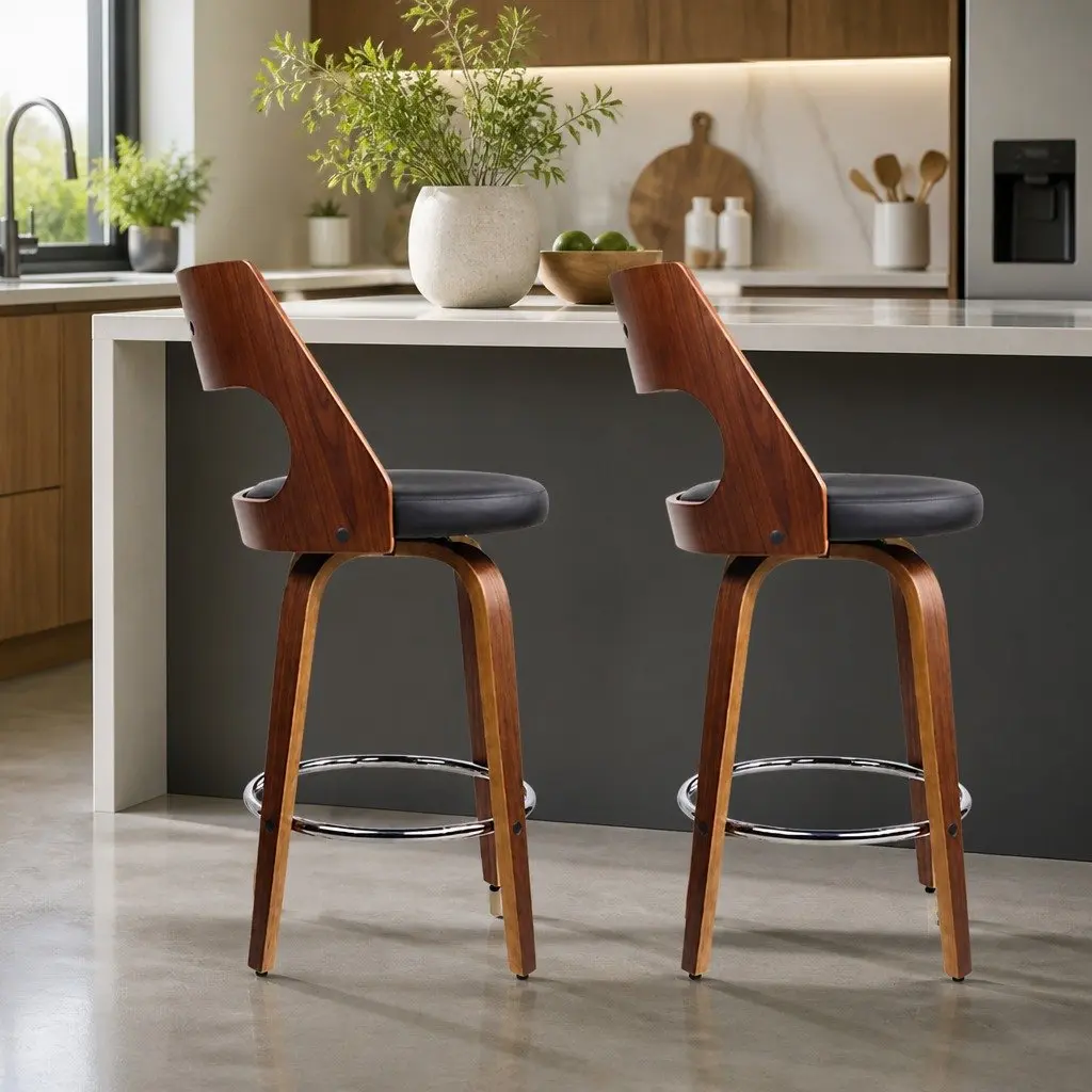 Bar Stools PU Leather 76cm Seat Height Black Padded Backrest