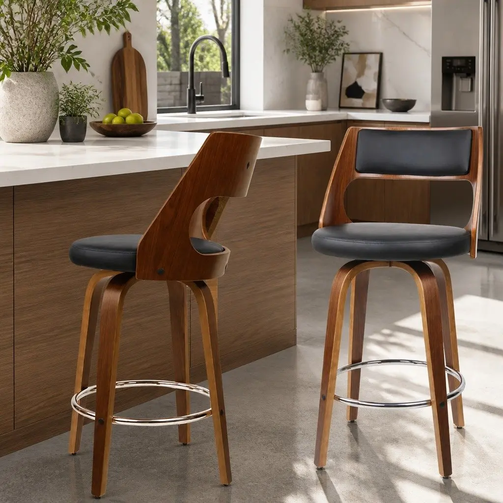 Bar Stools PU Leather 76cm Seat Height Black Padded Backrest