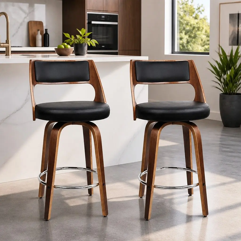 Bar Stools PU Leather 76cm Seat Height Black Padded Backrest