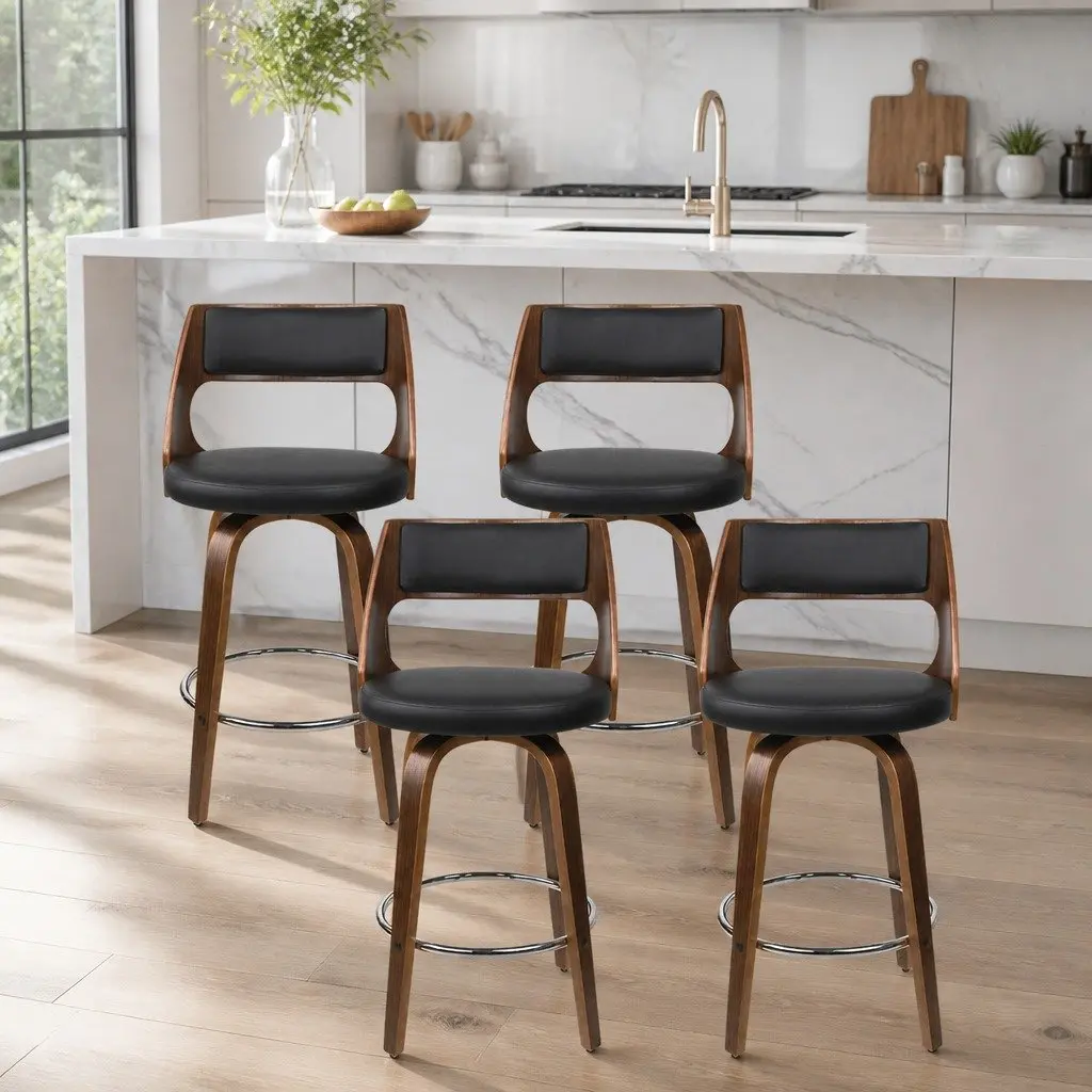 Black Faux Leather Swivel Bar Stool Set of 4