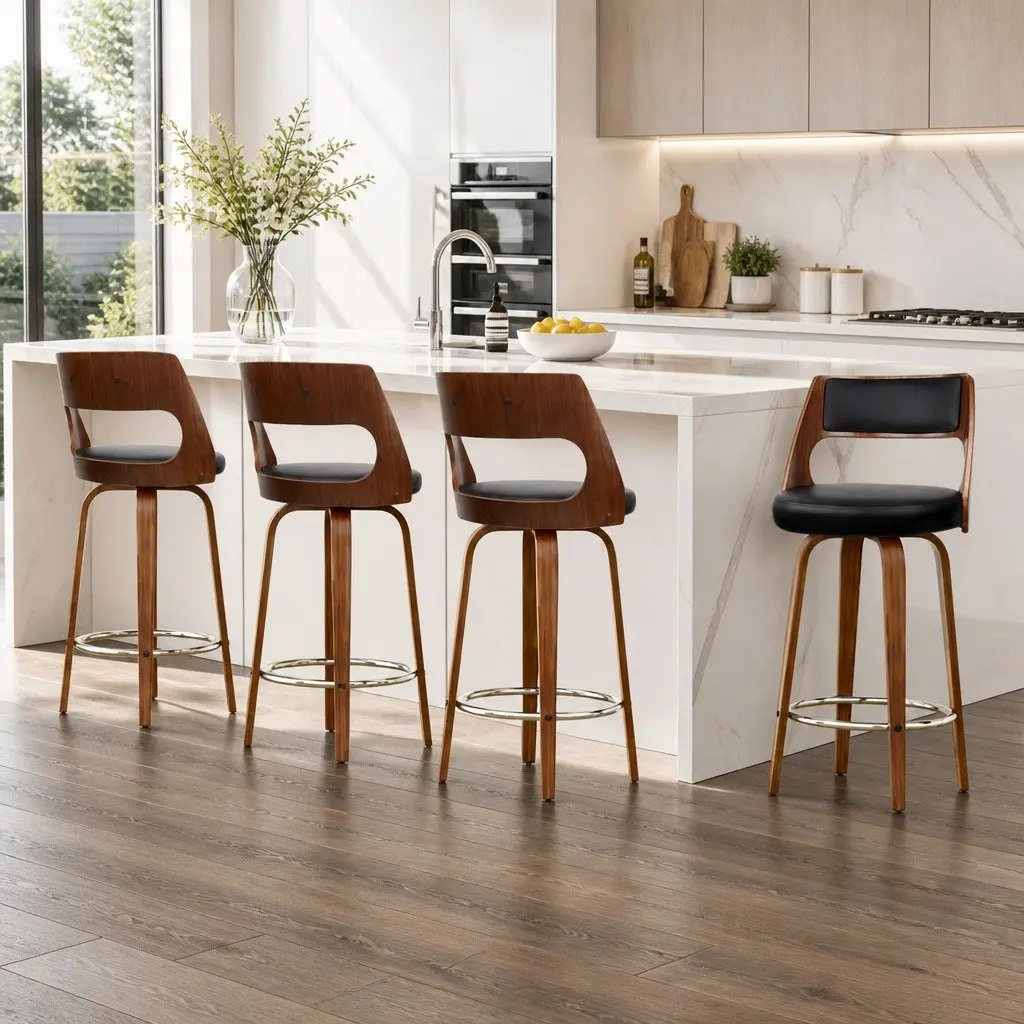 Black Faux Leather Swivel Bar Stool Set of 4