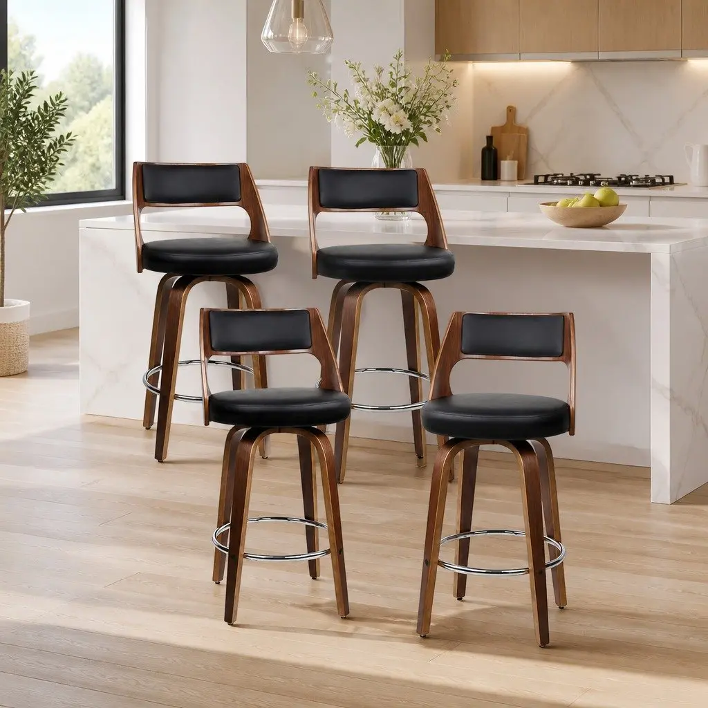 Black Faux Leather Swivel Bar Stool Set of 4