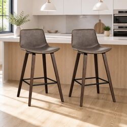 Bar Stools x2 Kitchen Counter Wooden Backrest Metal Footrest Brown Walnut
