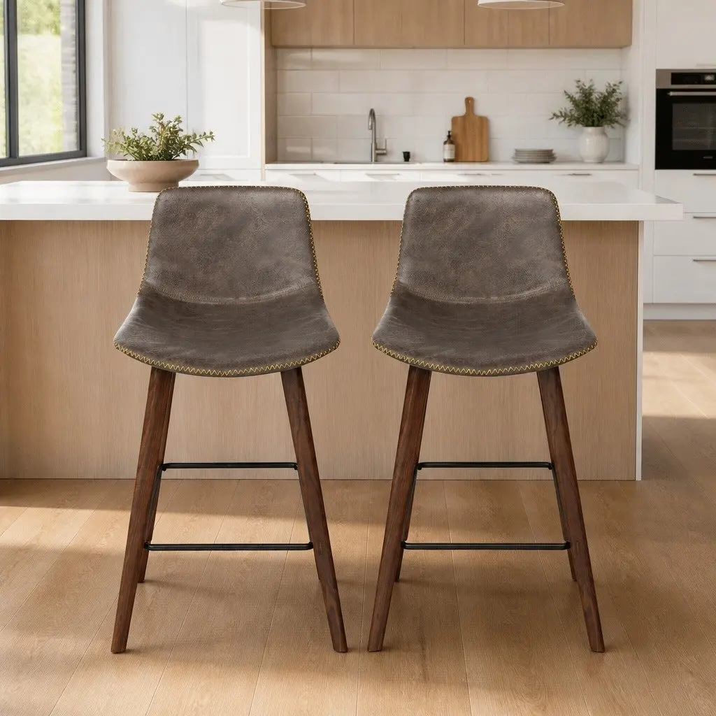 Bar Stools Wooden Plywood Metal Footrest Brown Walnut 2 Piece