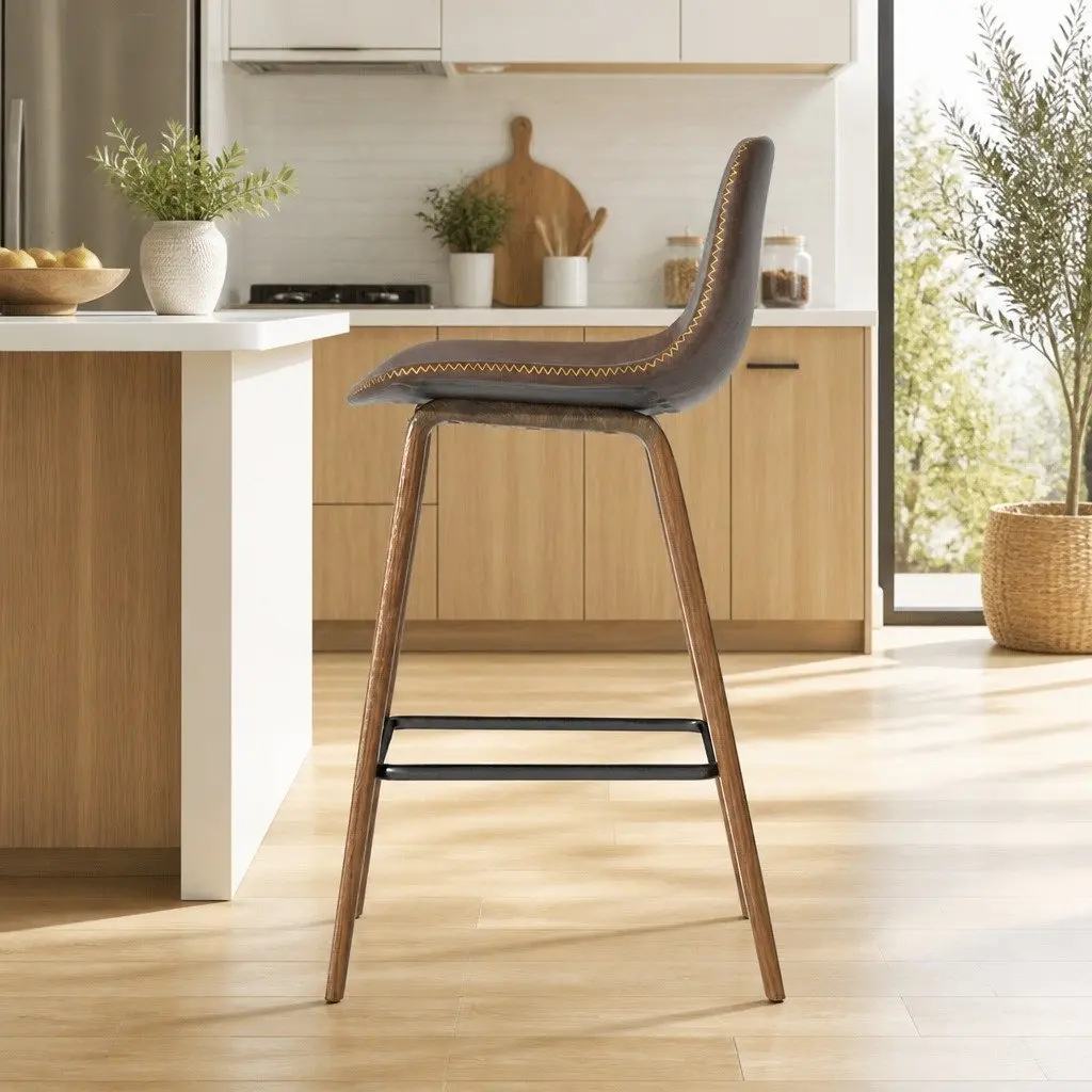 Bar Stools Wooden Plywood Metal Footrest Brown Walnut 2 Piece