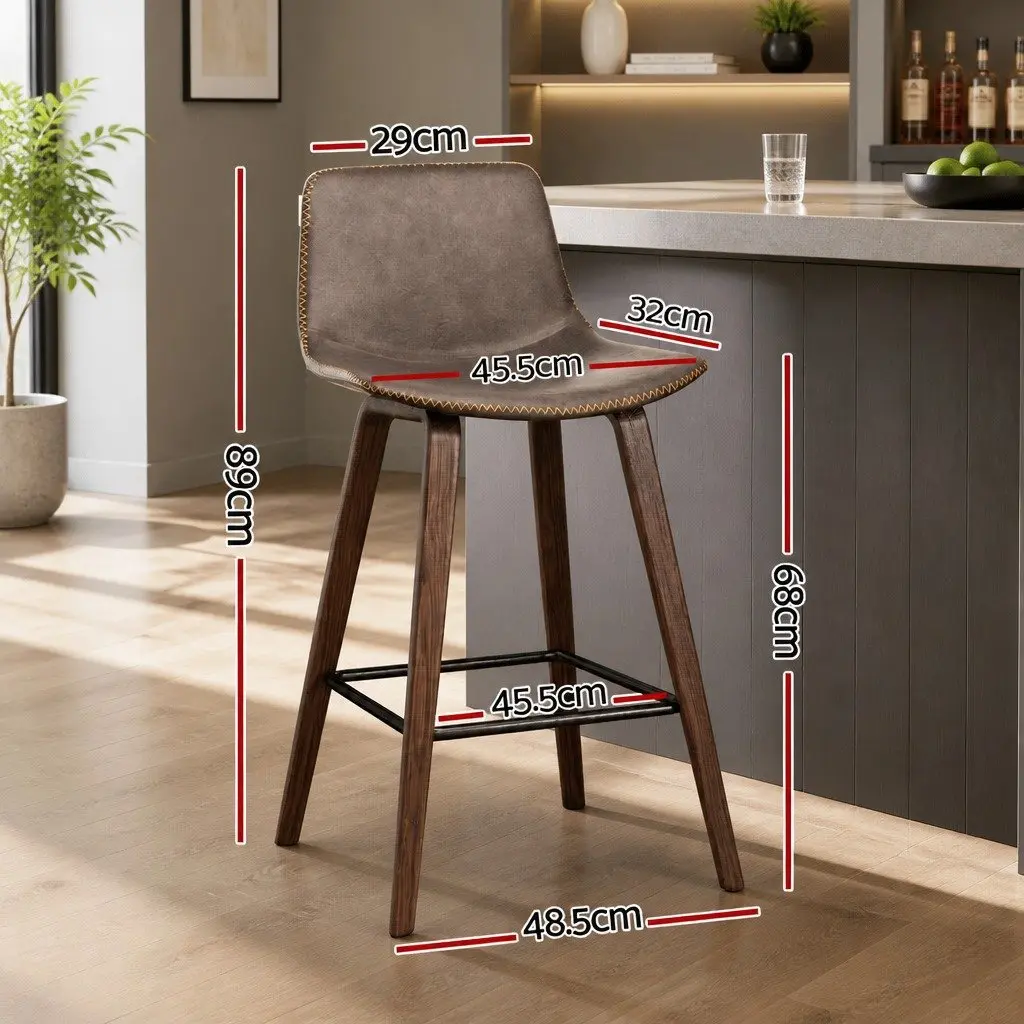 Bar Stools Wooden Mid-Height Backrest Brown PU Leather Padded 4 Piece