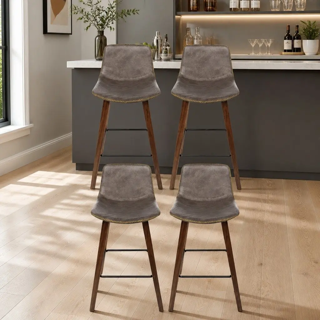 Bar Stools Wooden Mid-Height Backrest Brown PU Leather Padded 4 Piece