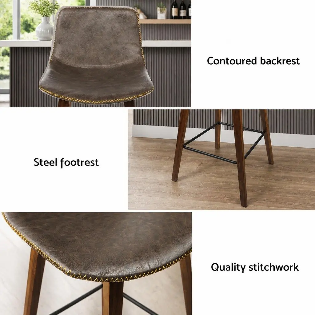 Bar Stools Wooden Mid-Height Backrest Brown PU Leather Padded 4 Piece