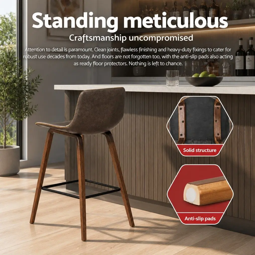 Bar Stools Wooden Mid-Height Backrest Brown PU Leather Padded 4 Piece