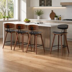 4x Bar Stools Black Padded Seat Backrest Wooden Frame Metal Footrest Kitchen