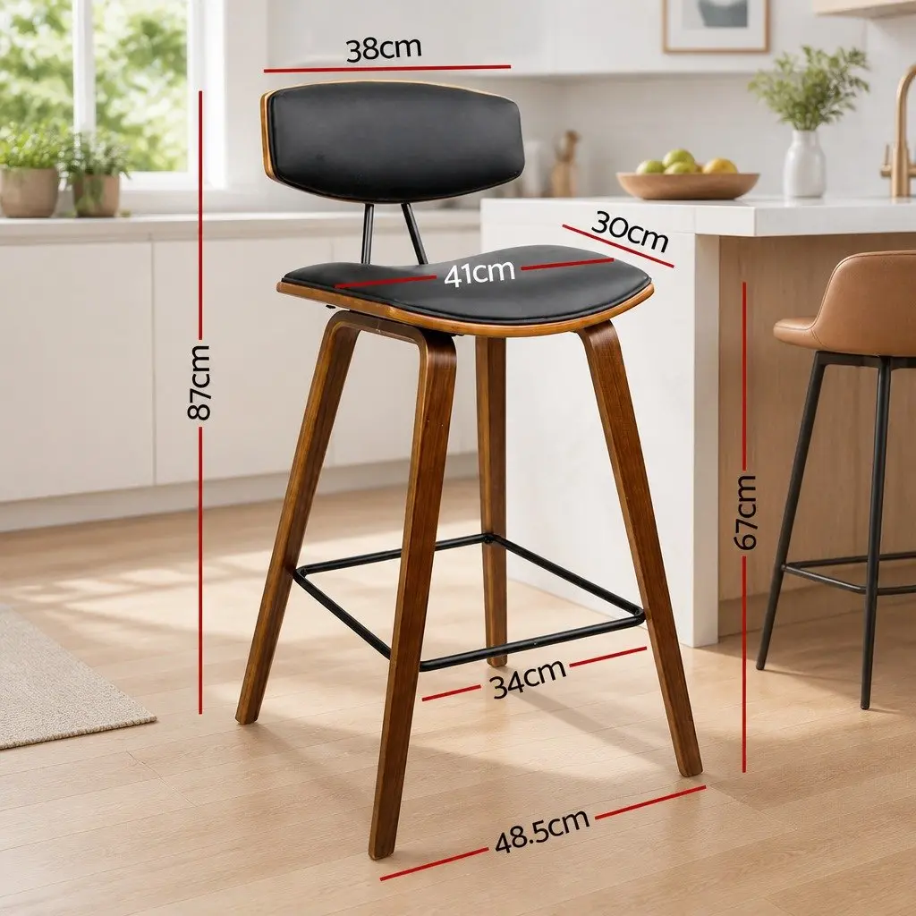 Bar Stools Wooden Frame Black Padded Seat Backrest Metal Footrest 4 Piece