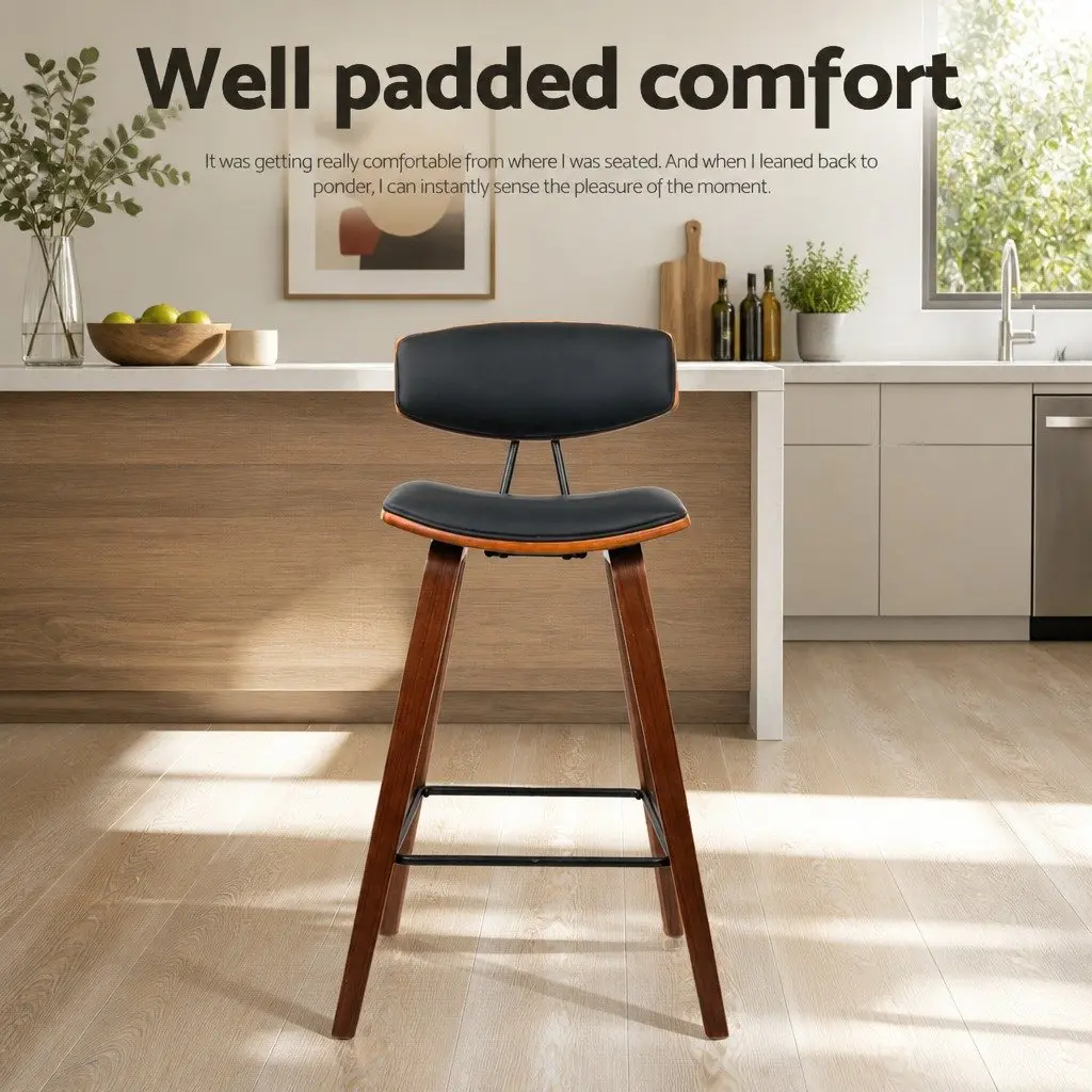 Bar Stools Wooden Frame Black Padded Seat Backrest Metal Footrest 4 Piece