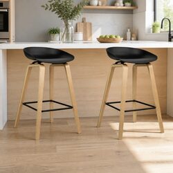Set of 2 Bar Stools with Black Wooden Legs and Metal Footrest