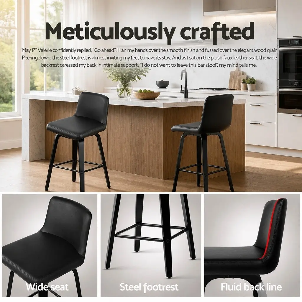 Bar Stools PU Leather Black Mid-Height 2 Piece