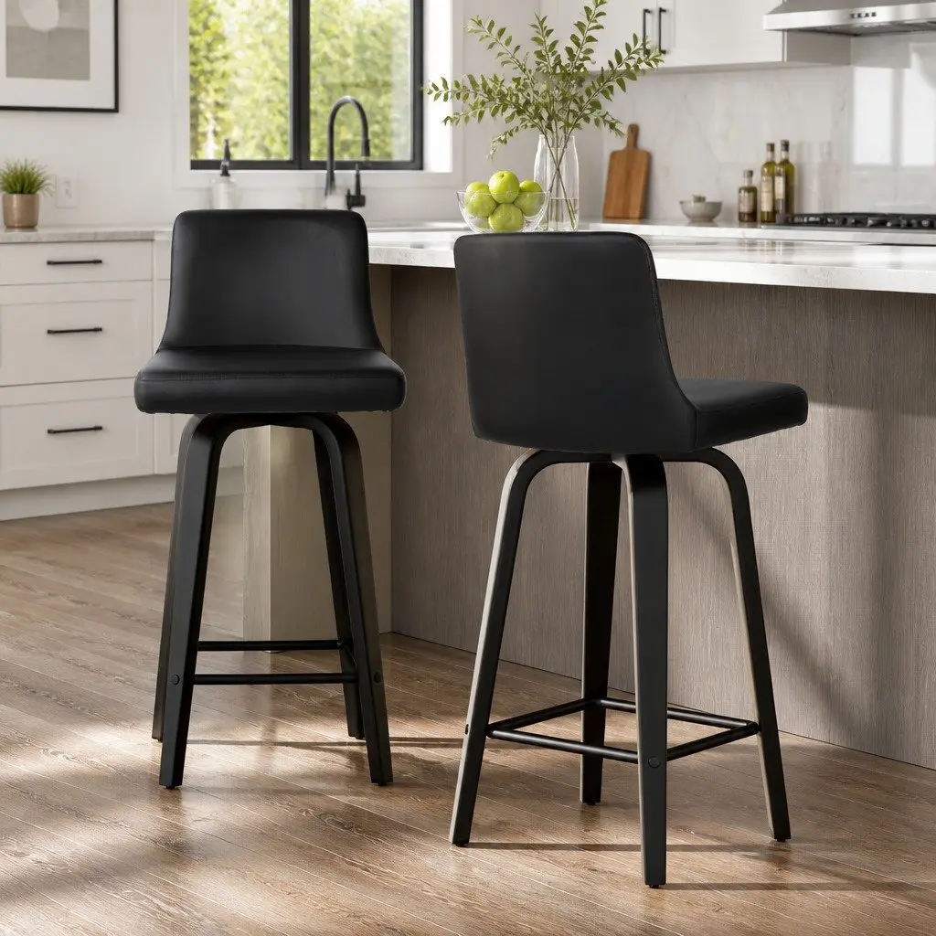 Bar Stools PU Leather Black Mid-Height 2 Piece