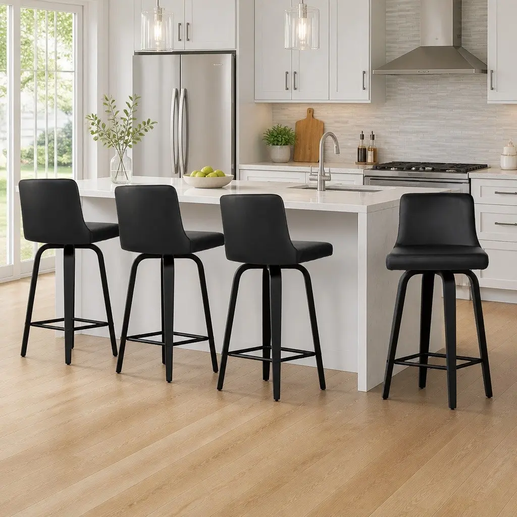 Bar Stools PU Leather Black 87cm Set of 4 Swivel Kitchen Dining Chairs with Backrest
