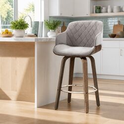 Grey Velvet Padded Bar Stool with 360-Degree Swivel