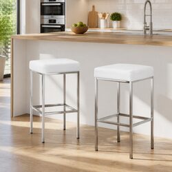 Set of 2 White Bar Stools with Padded Seats and Chrome Legs