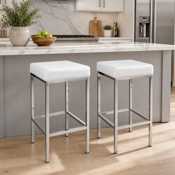 Bar Stools Set 4 Padded Seat Chrome Legs White Modern Kitchen Counter Chairs