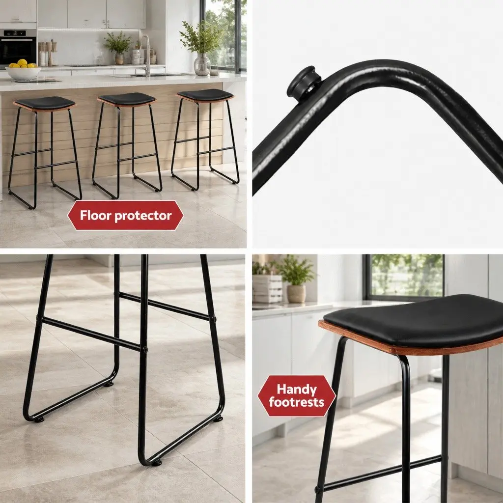 Bar Stools PU Leather Padded Seat Wooden Base Metal Frame Black