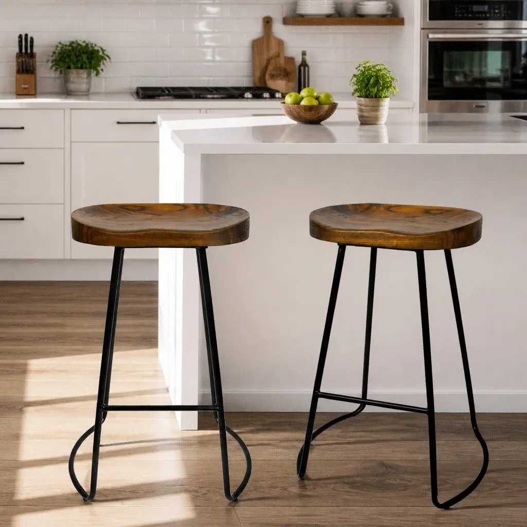Bar Stools Tractor Seat 65cm Dark Wood Tone Industrial Retro Kitchen Dining