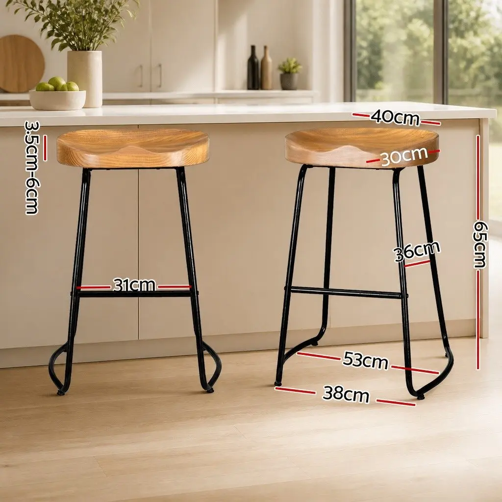 Industrial Bar Stools with Retro Wooden Seat Set of 2