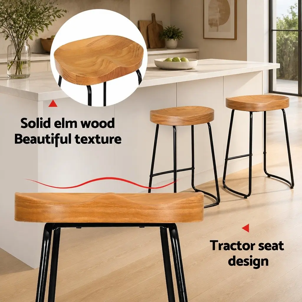 Industrial Bar Stools with Retro Wooden Seat Set of 2