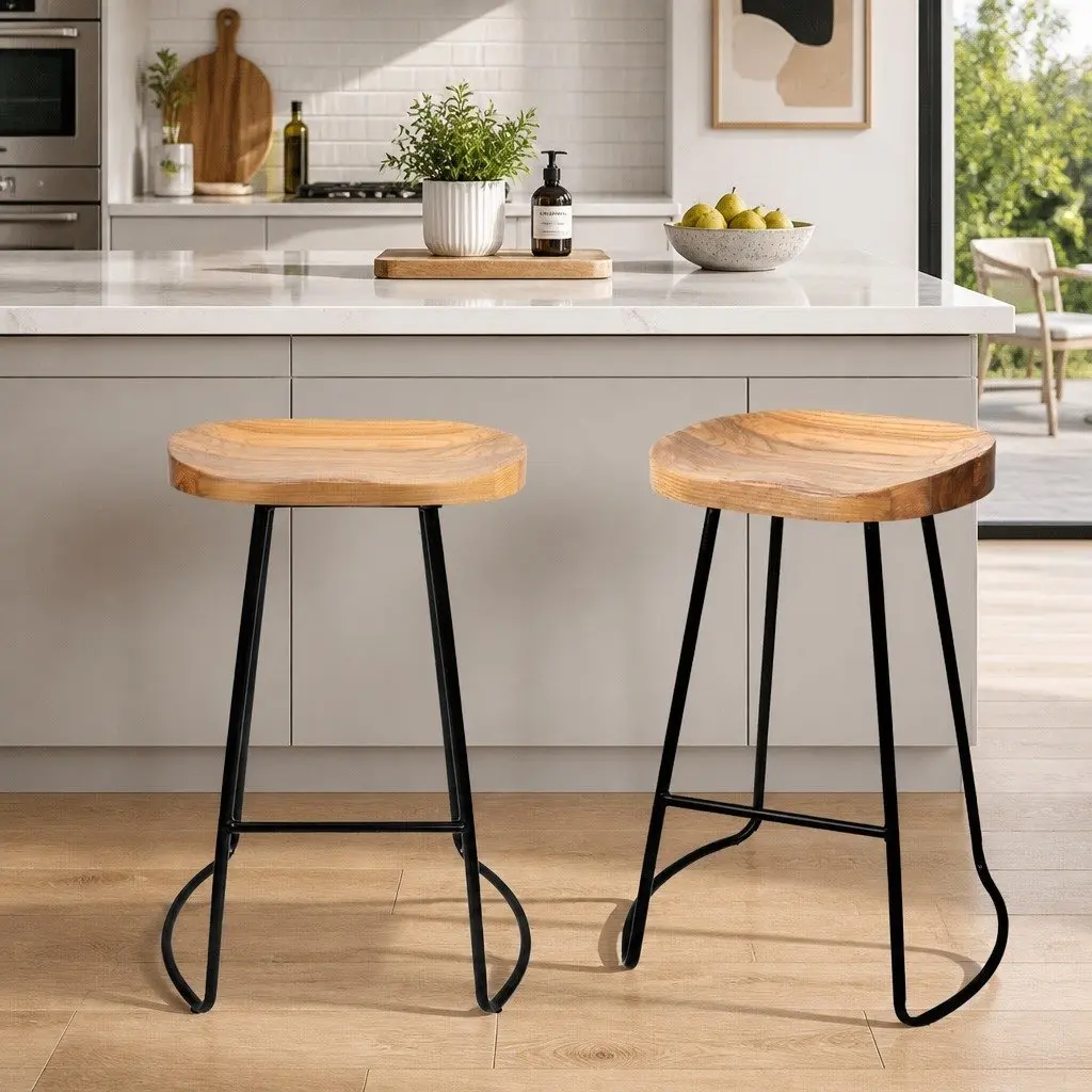 Industrial Bar Stools with Retro Wooden Seat Set of 2