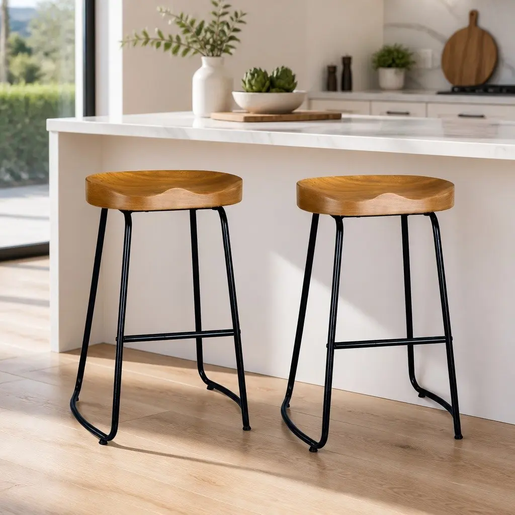Industrial Bar Stools with Retro Wooden Seat Set of 2