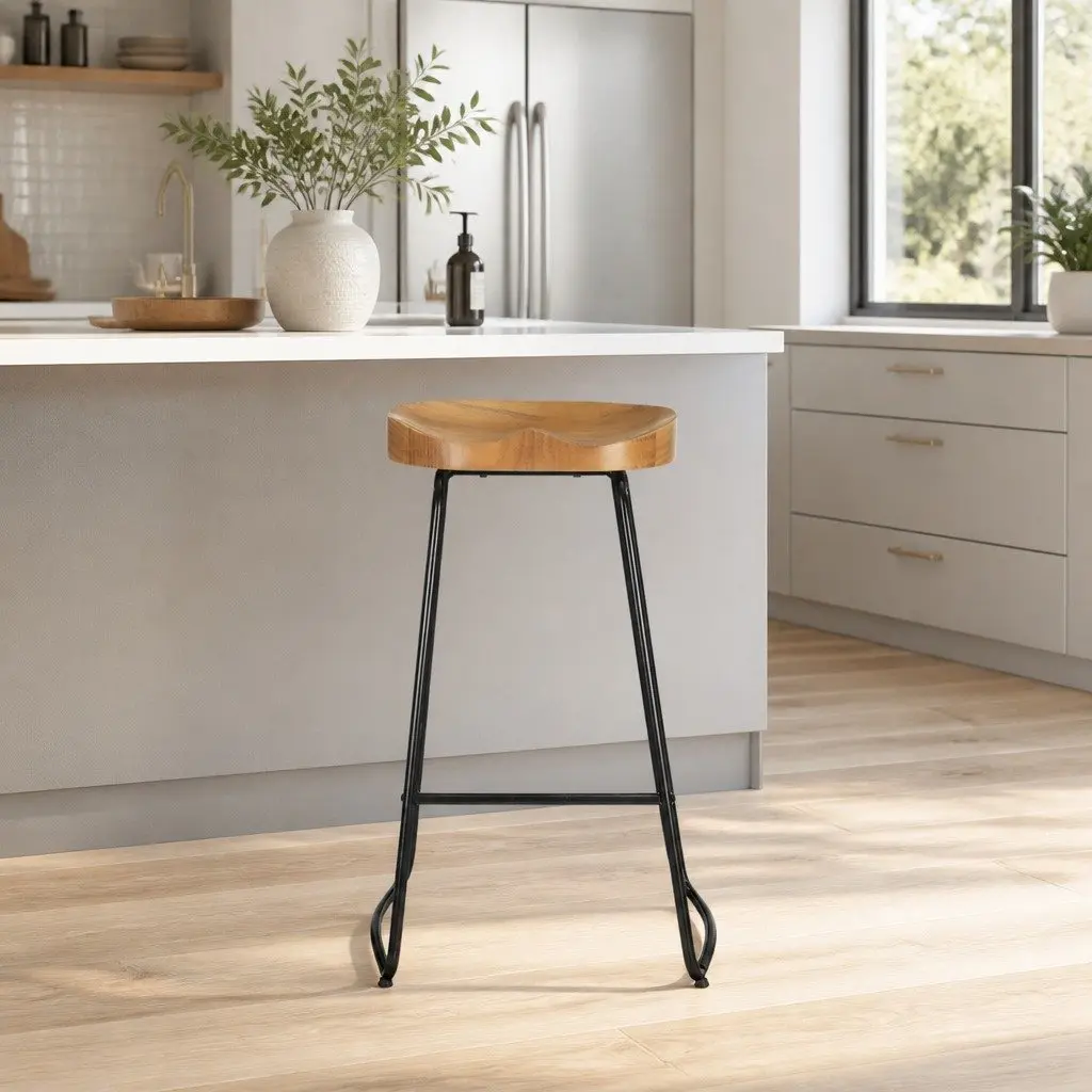 Industrial Retro Bar Stools Set of 4 with Wooden Seats