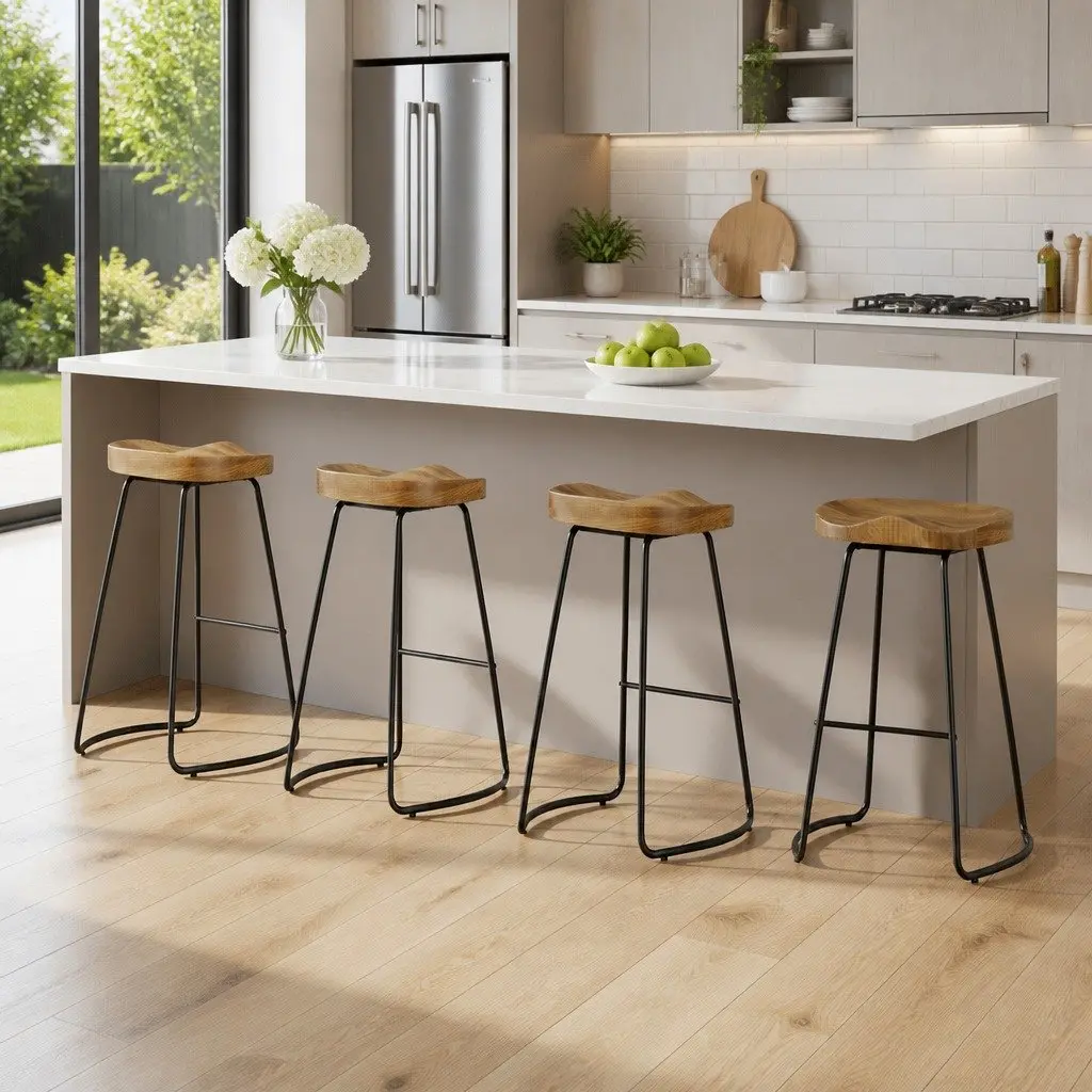 Industrial Retro Bar Stools Set of 4 with Wooden Seats