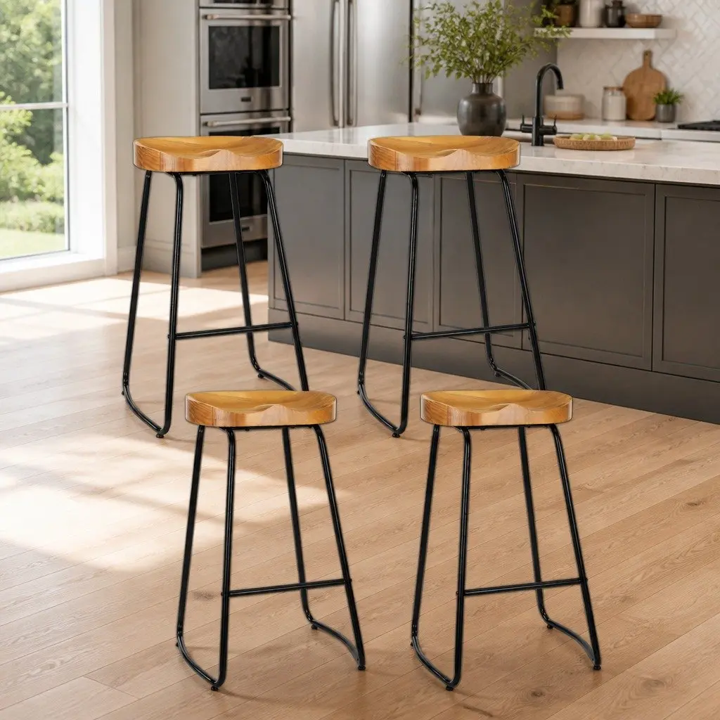 Industrial Retro Bar Stools Set of 4 with Wooden Seats
