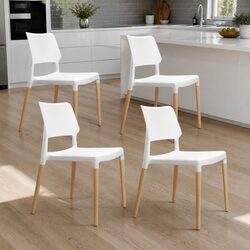 Set of 4 Stackable White Dining Chairs with Wooden Legs