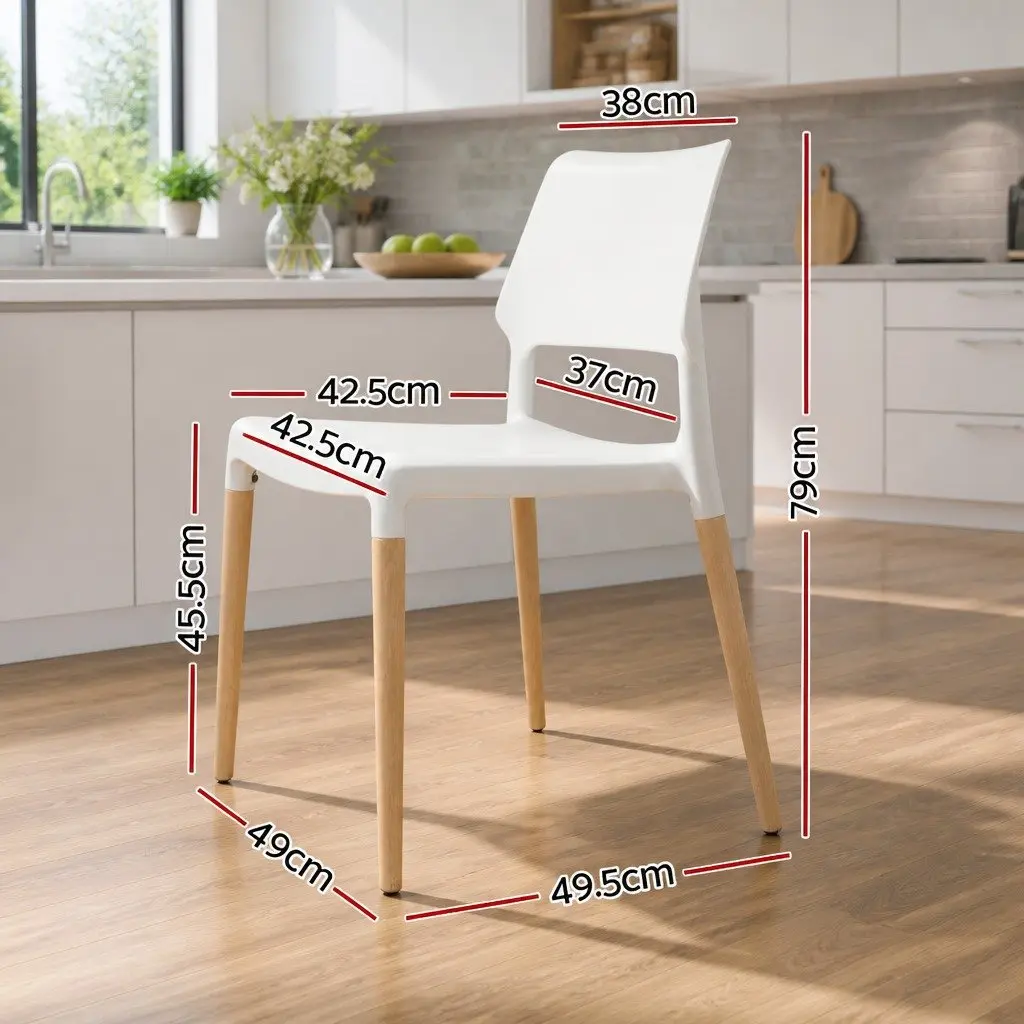 Dining Chairs PP Plastic Seat Solid Beech Wooden Legs White Stackable 4 Piece