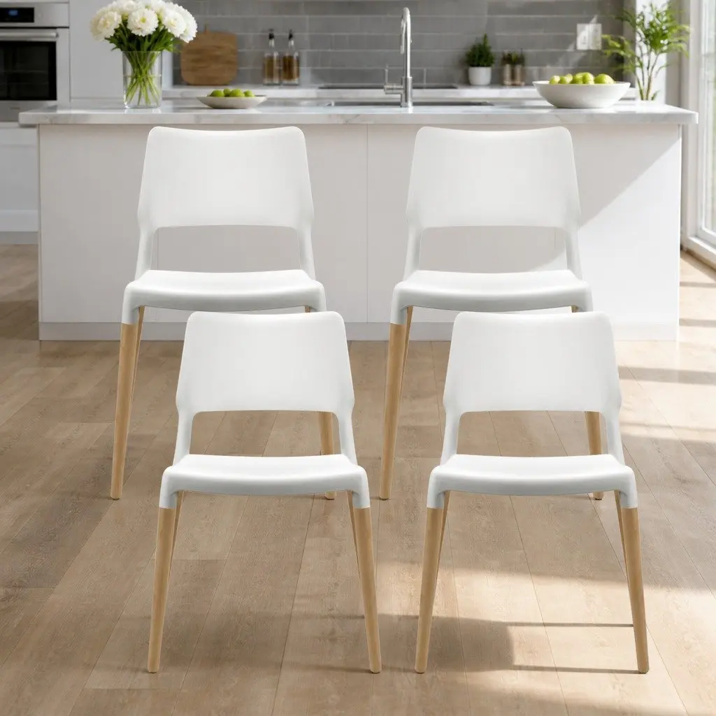 Dining Chairs PP Plastic Seat Solid Beech Wooden Legs White Stackable 4 Piece