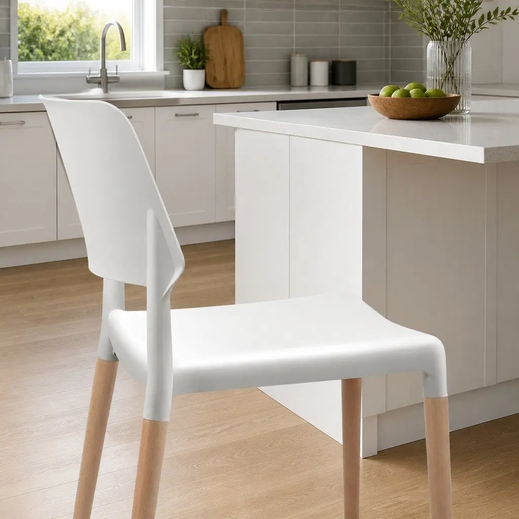 Dining Chairs PP Plastic Seat Solid Beech Wooden Legs White Stackable 4 Piece