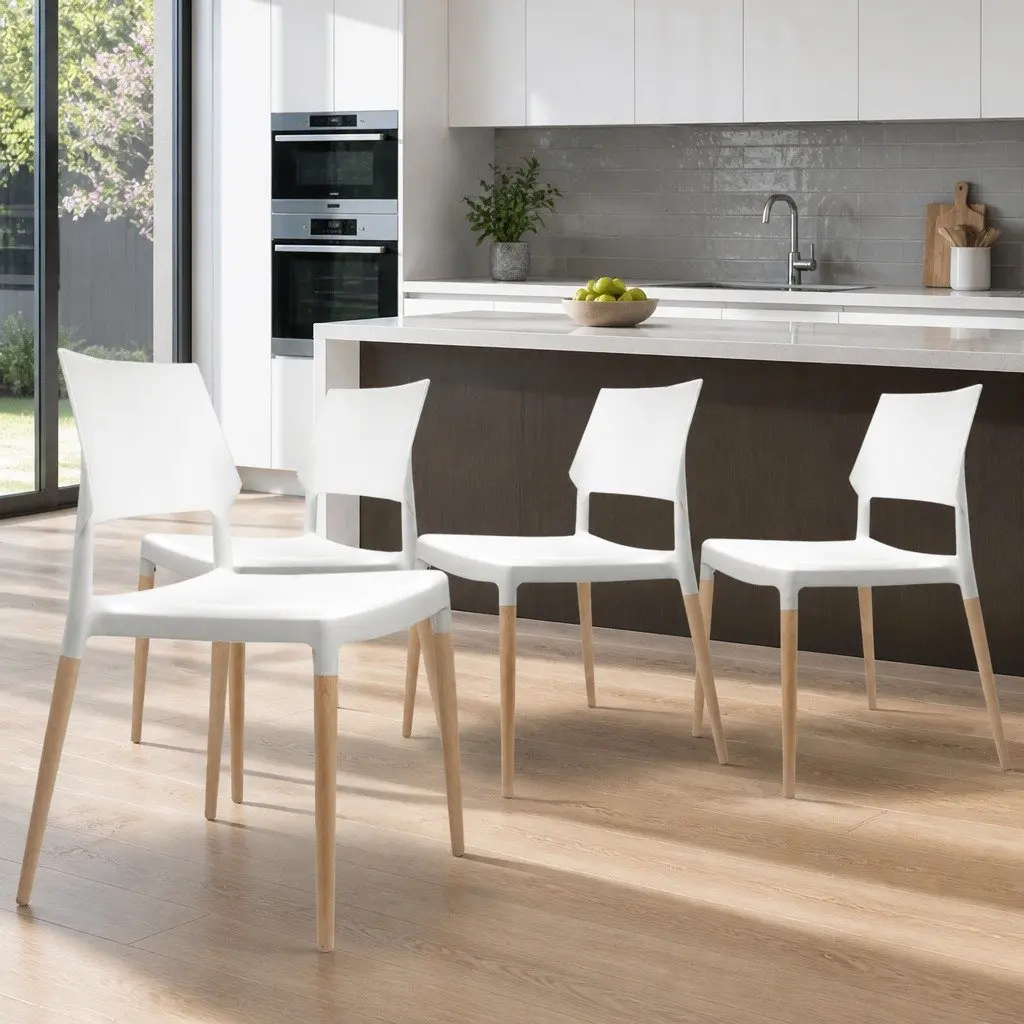 Dining Chairs PP Plastic Seat Solid Beech Wooden Legs White Stackable 4 Piece
