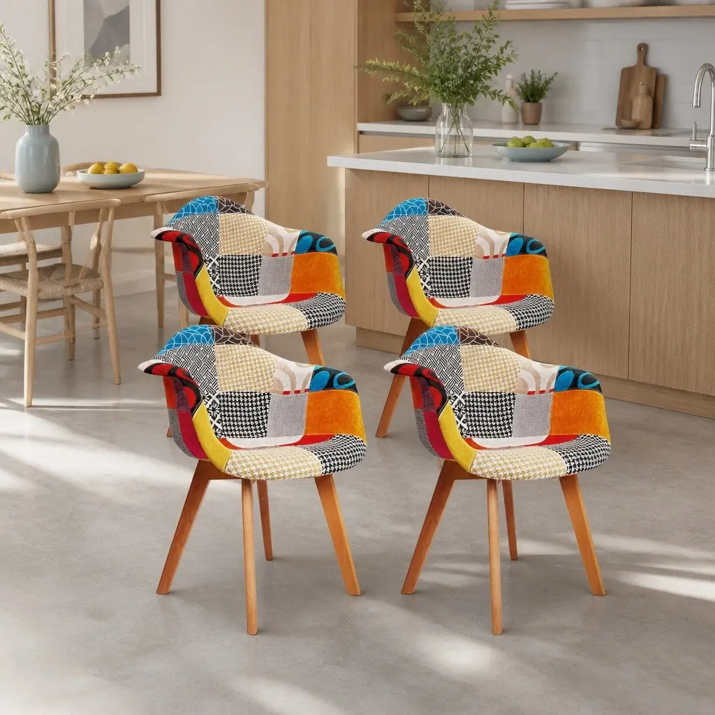 Set of 4 Retro Fabric Dining Chairs with Sturdy Legs