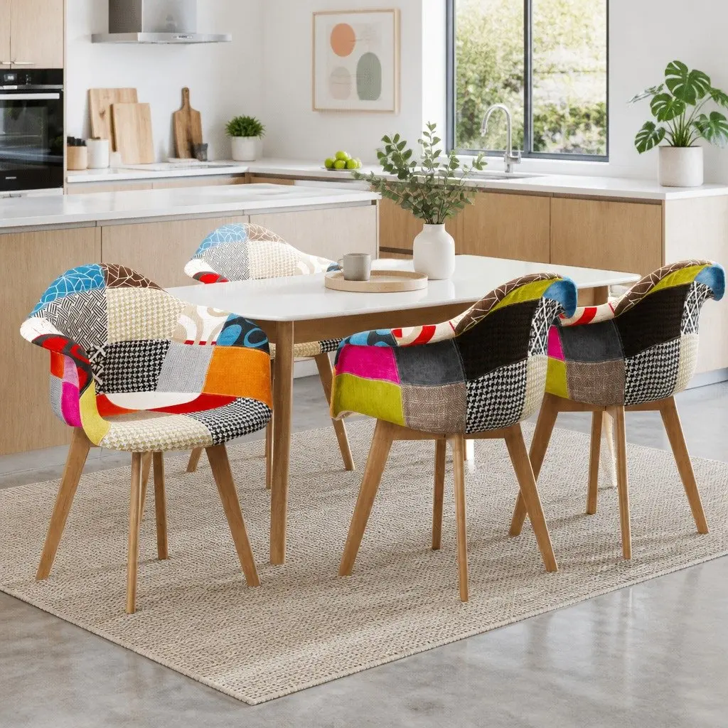 Set of 4 Retro Fabric Dining Chairs with Sturdy Legs