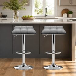 Stylish Grey Upholstered Bar Stools with Gas Lift - Set of 2