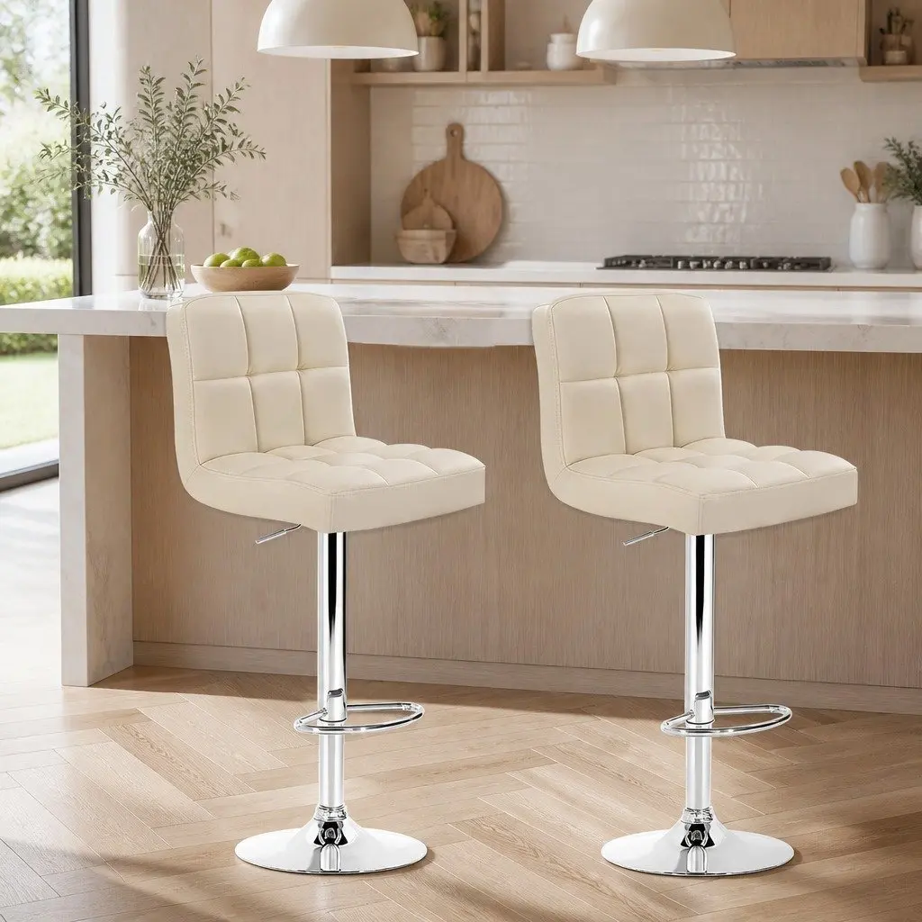 Bar Stools Faux Leather Adjustable Height Beige Set of 2