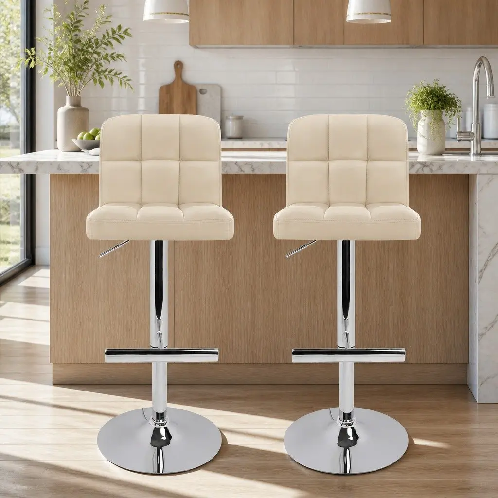 Bar Stools Faux Leather Adjustable Height Beige Set of 2