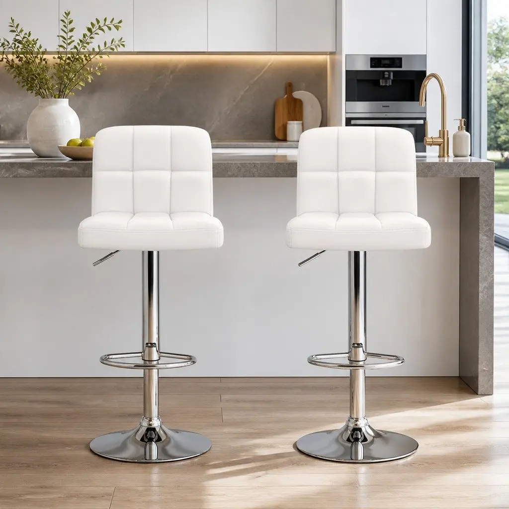 Bar Stools PU Leather Adjustable Height White Set of 2 Swivel Seat