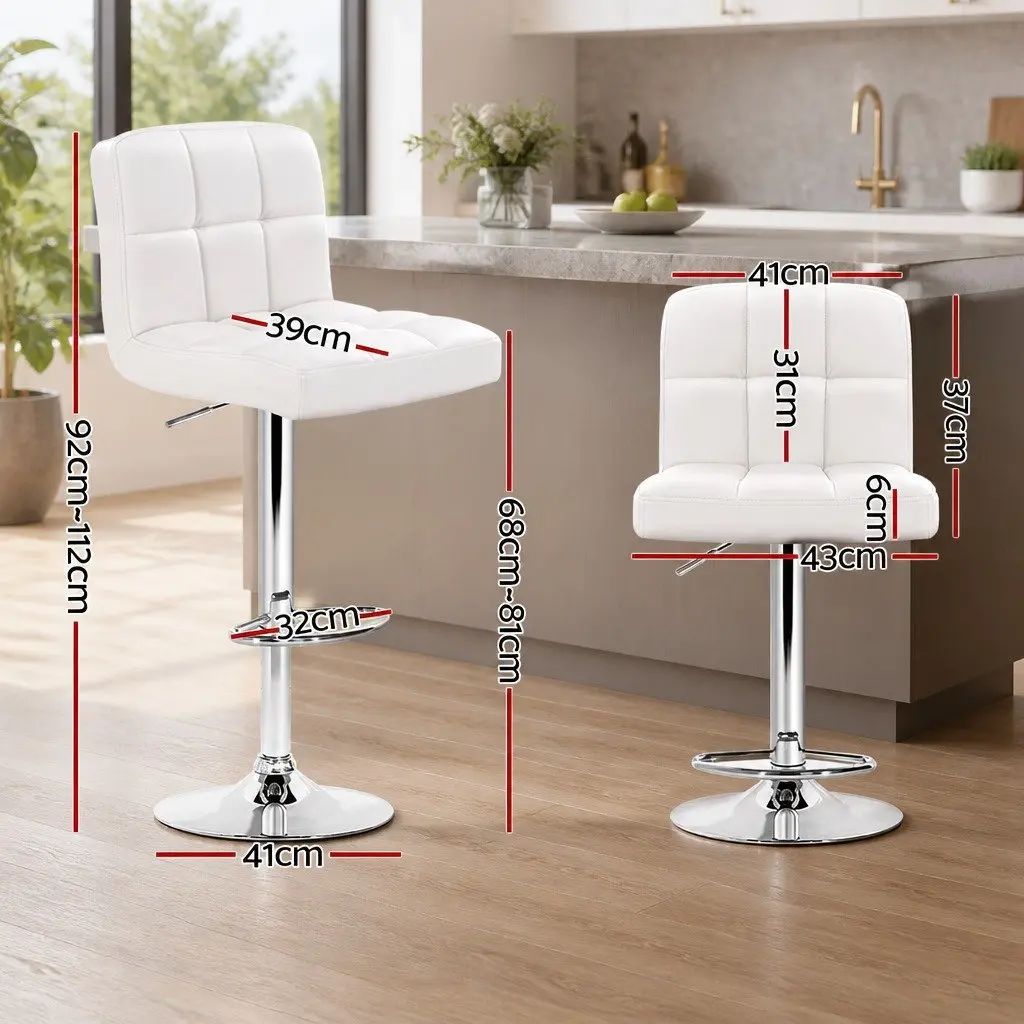 Bar Stools PU Leather Adjustable Height White Set of 2 Swivel Seat