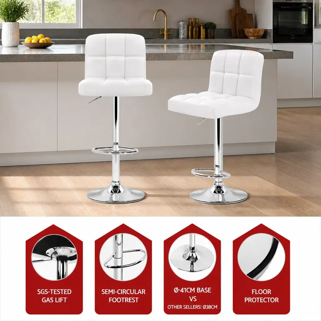 Bar Stools PU Leather Adjustable Height White Set of 2 Swivel Seat