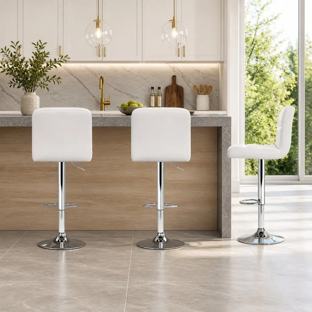 Bar Stools PU Leather Adjustable Height White Set of 2 Swivel Seat