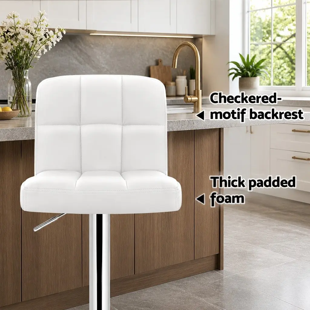 Bar Stools PU Leather Adjustable Height White Set of 2 Swivel Seat