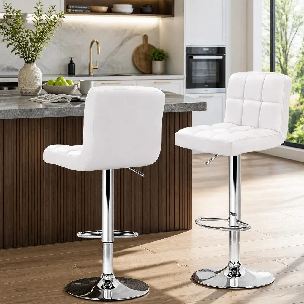 Bar Stools PU Leather Adjustable Height White Set of 2 Swivel Seat