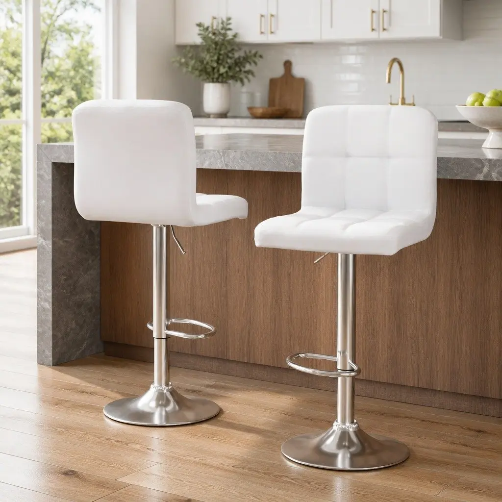 Bar Stools PU Leather Adjustable Height White Set of 2 Swivel Seat